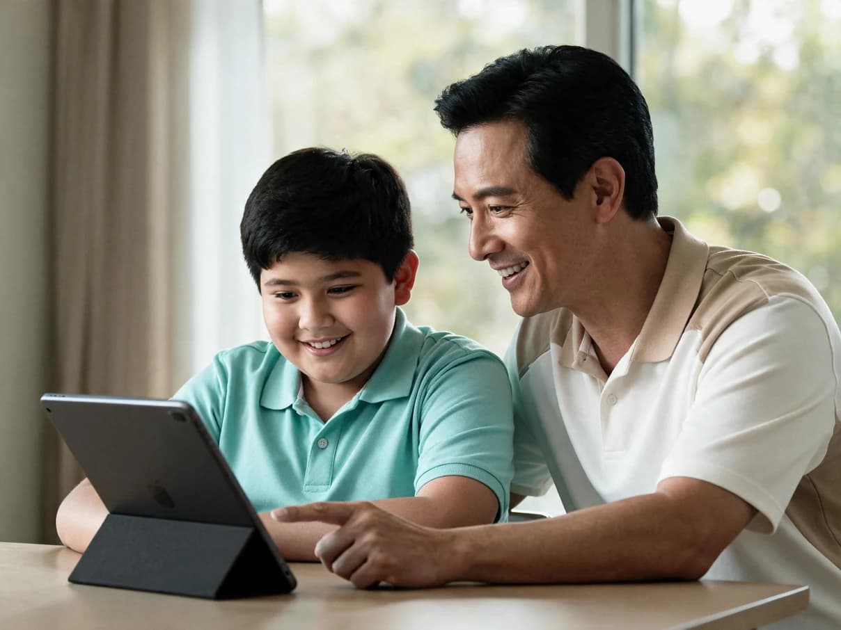 A father and son attending an online appointment together